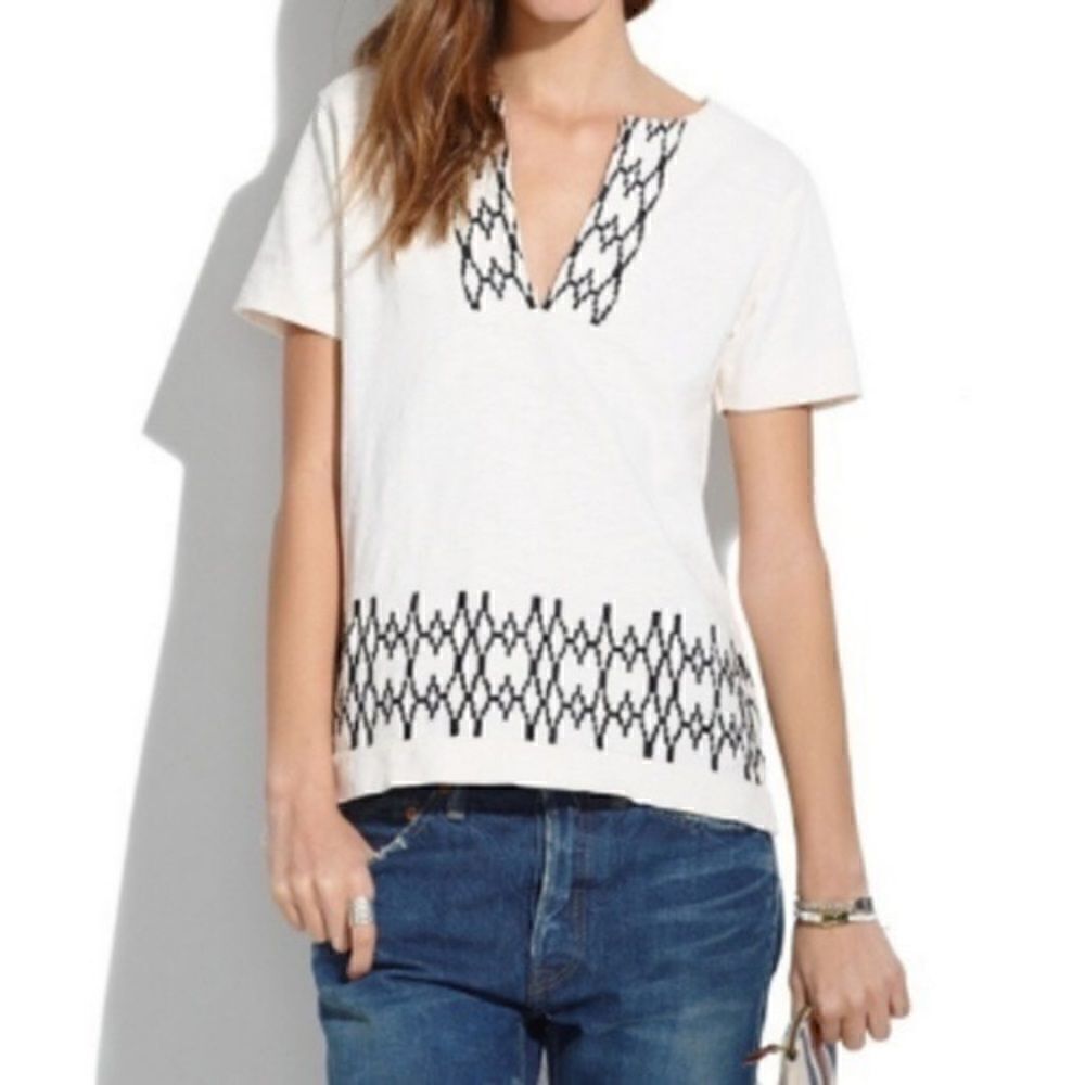 Madewell Box Stitch Slub Embroidered Tunic Top XS Cream Black